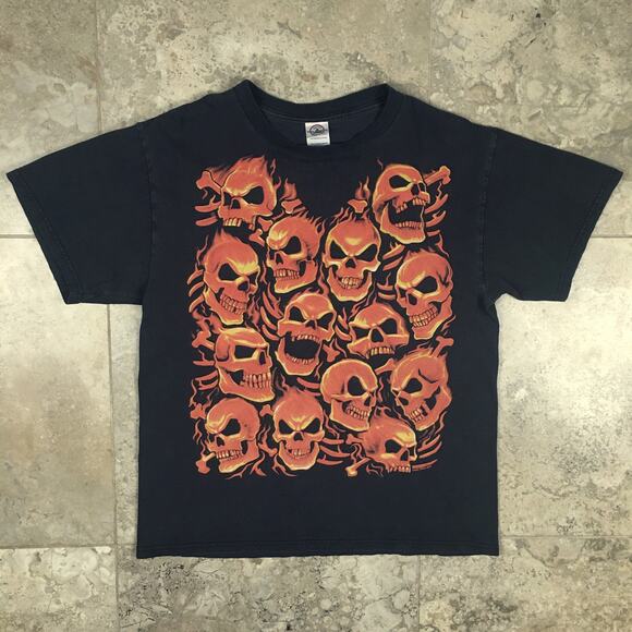 Y2K Liquid Blue Flame Skulls Pile T Shirt Mens Large Tee Grunge Fire Vintage - Picture 3 of 13